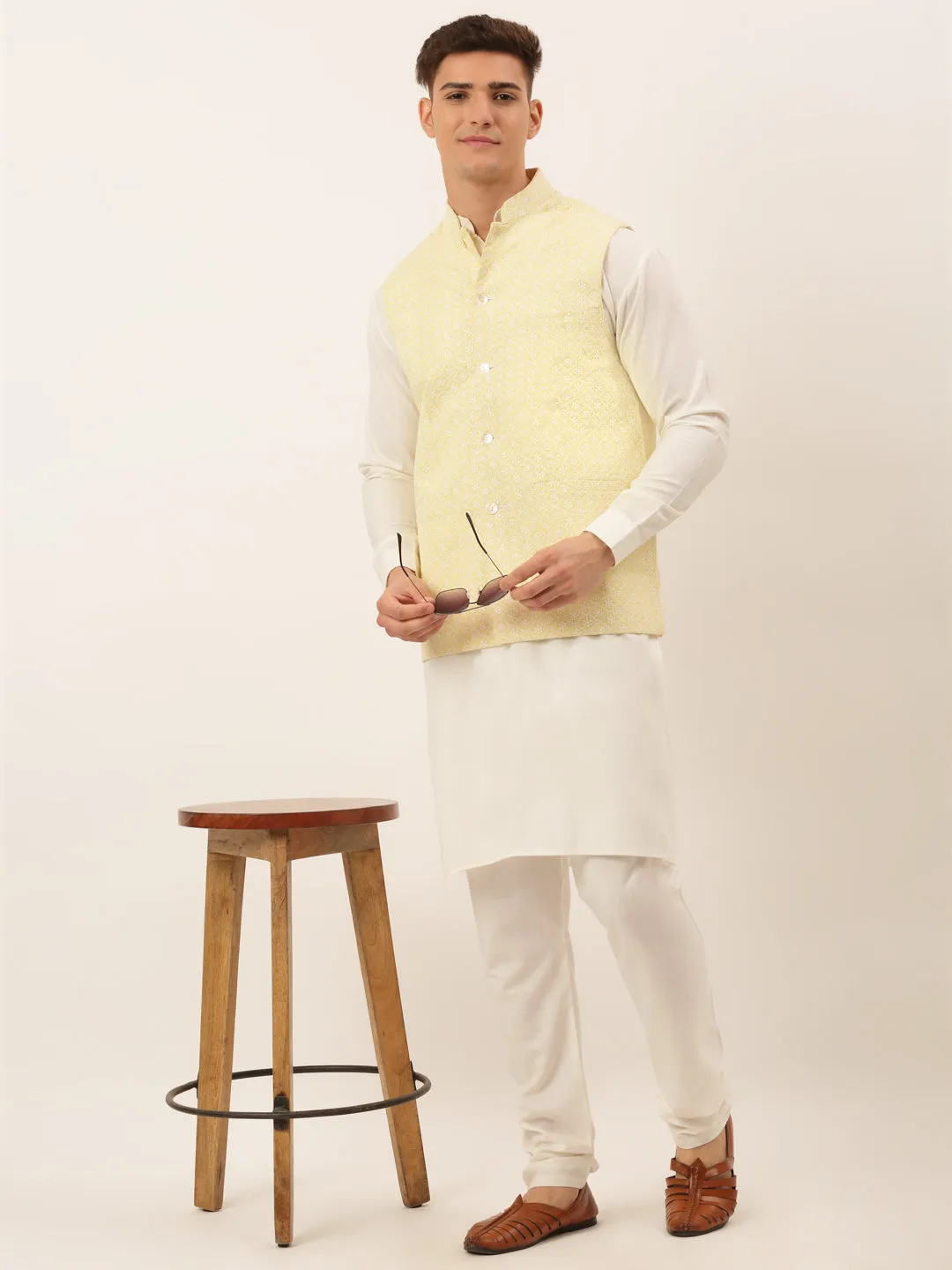 Men White Cotton Blend Kurta with Pyjamas & Yellow Embroidered Nehru Jacket