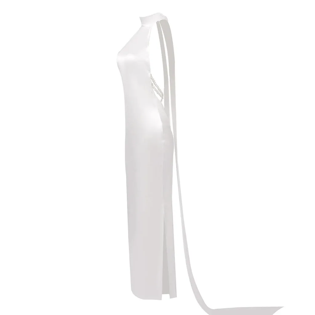 Opulent Halter Wrap Scarf Faux Pearl Backless Split Satin Gown Maxi Dress