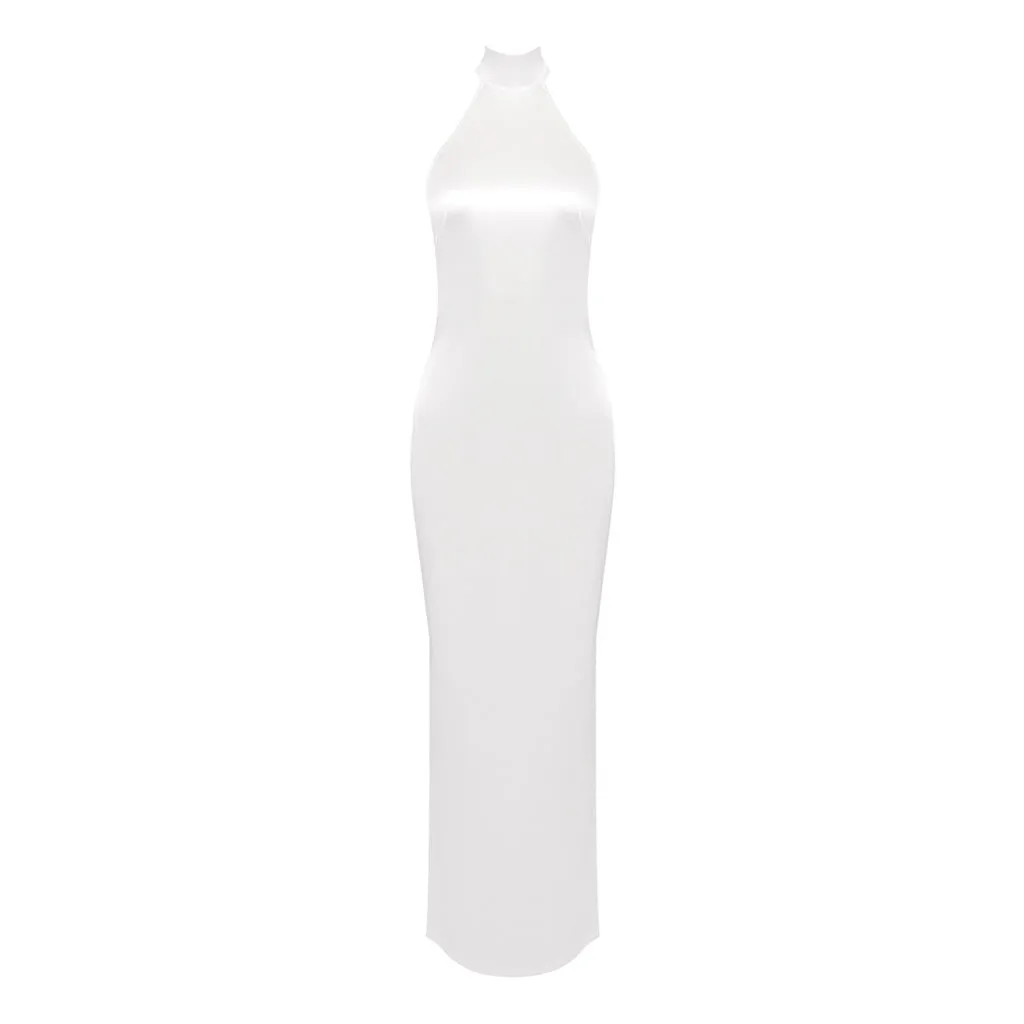 Opulent Halter Wrap Scarf Faux Pearl Backless Split Satin Gown Maxi Dress