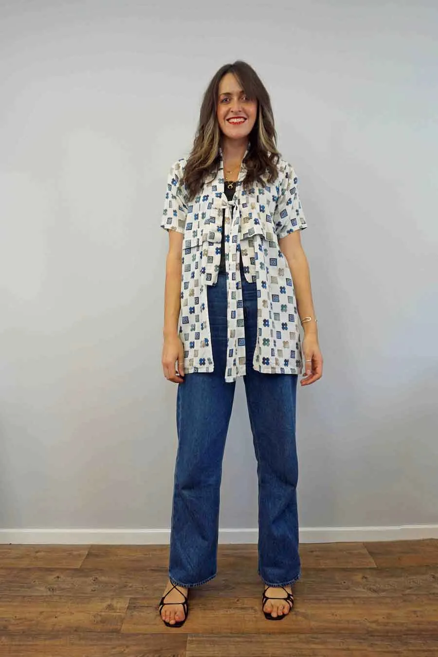 Short Vintage Geometric Print Kimono Jacket