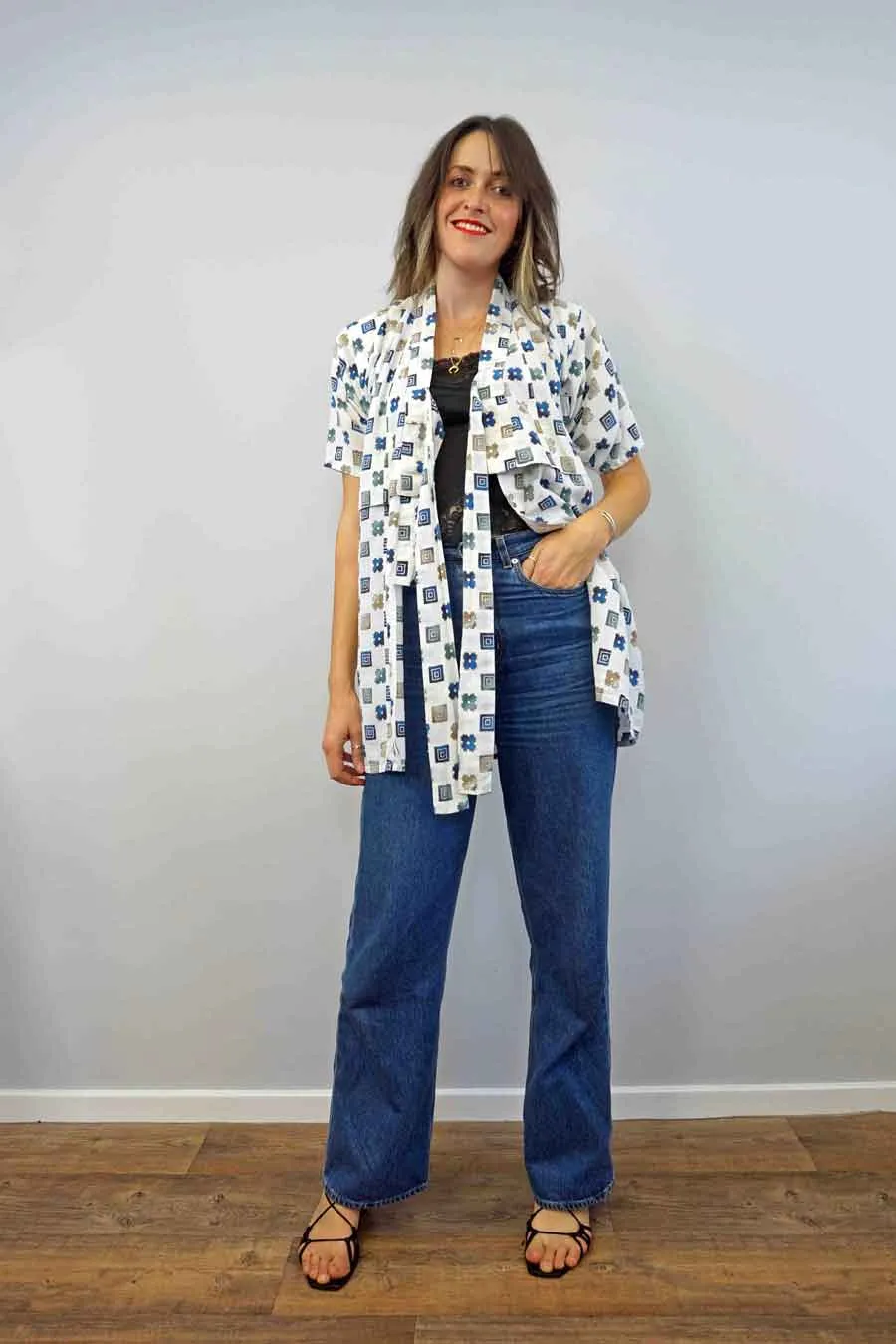 Short Vintage Geometric Print Kimono Jacket