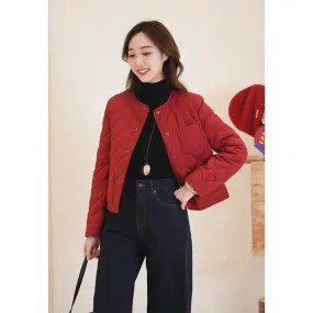 Spring 2025 Quilted Cotton Jacket for Women - Loose Fit, Round Neck, Casual Style