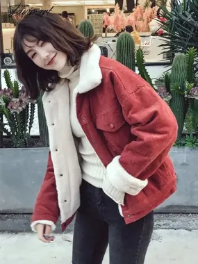 Tavimart Vintage Women Corduroy Parkas Pink Winter Thick Warm Hairy Short Jacket Loose All Match Korean Female Casual Coats