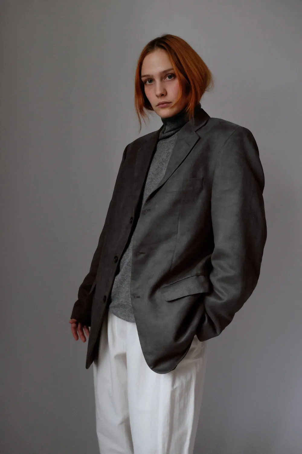 VINTAGE GREY VEGAN FAUX SUEDE BOXY BLAZER