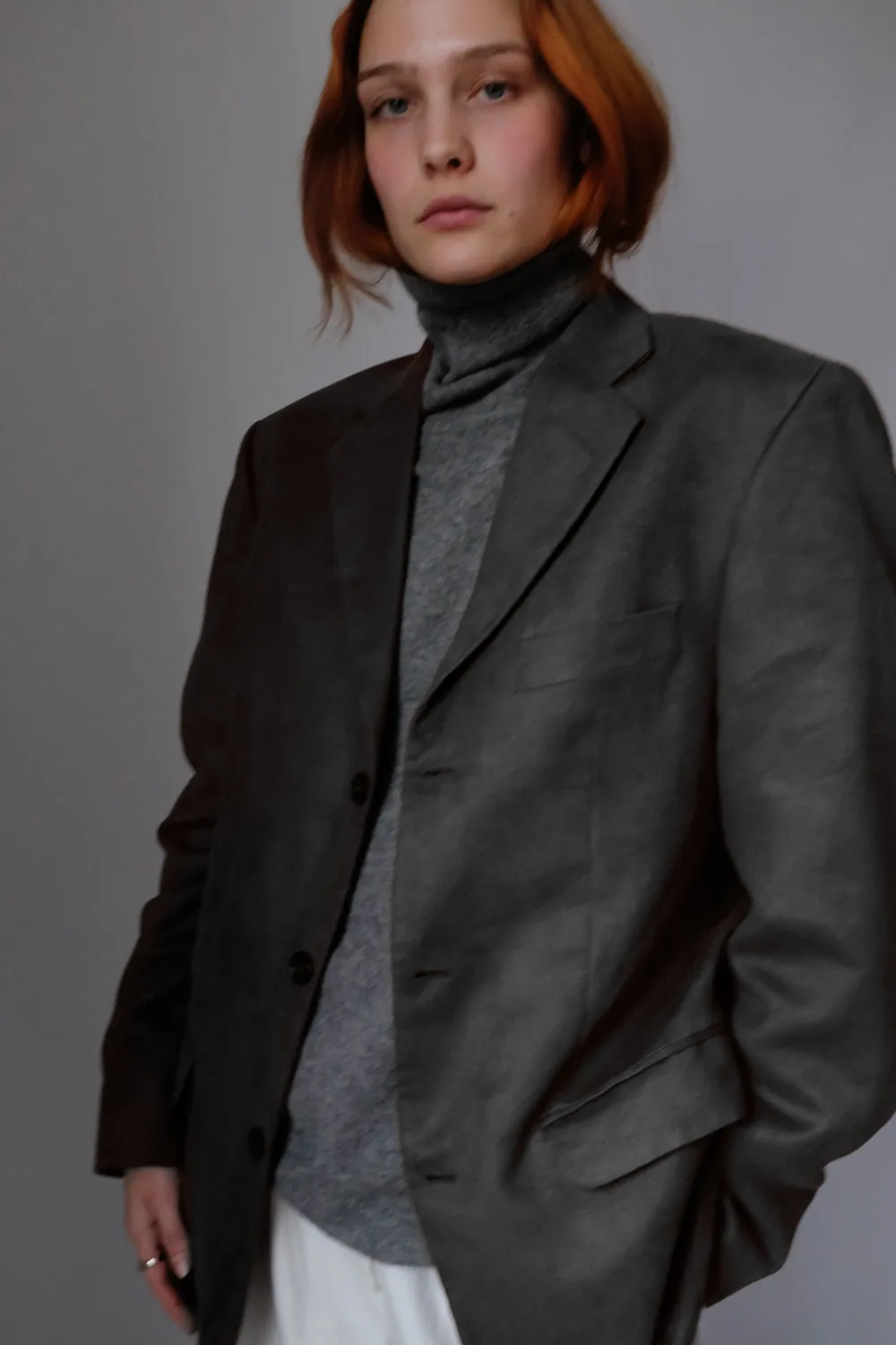 VINTAGE GREY VEGAN FAUX SUEDE BOXY BLAZER